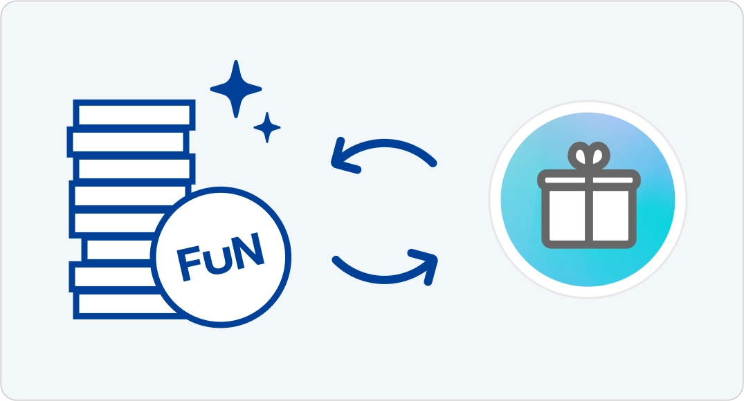 画像の説明: 青と白のシンプルなグラフィックスタイルで、複数の青い矩形（おそらくコインを表している）と「FUN」と書かれた丸いアイコンがあります。これらは矢印によって赤いリボンで飾られた白いギフトボックスに変換されることを示しています。全体のデザインは交換またはトランザクションを象徴している可能性があります。
