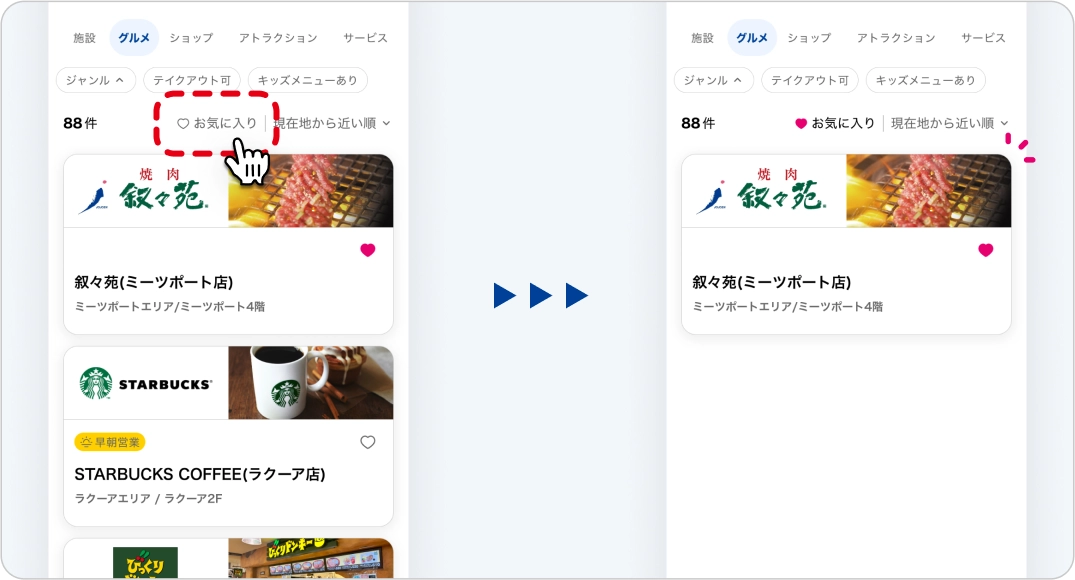 画面スクリーンショット、地図アプリのお気に入りリストで、焼肉店が「いいね」されている様子。右側にはその焼肉店の詳細ページが表示されており、「1F」のタブが選択されています。