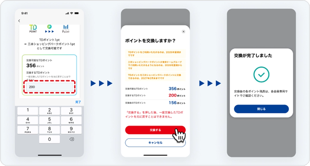 交換希望ポイントが入力された画面、交換するポイント確認画面、交換完了画面のスクリーンショット